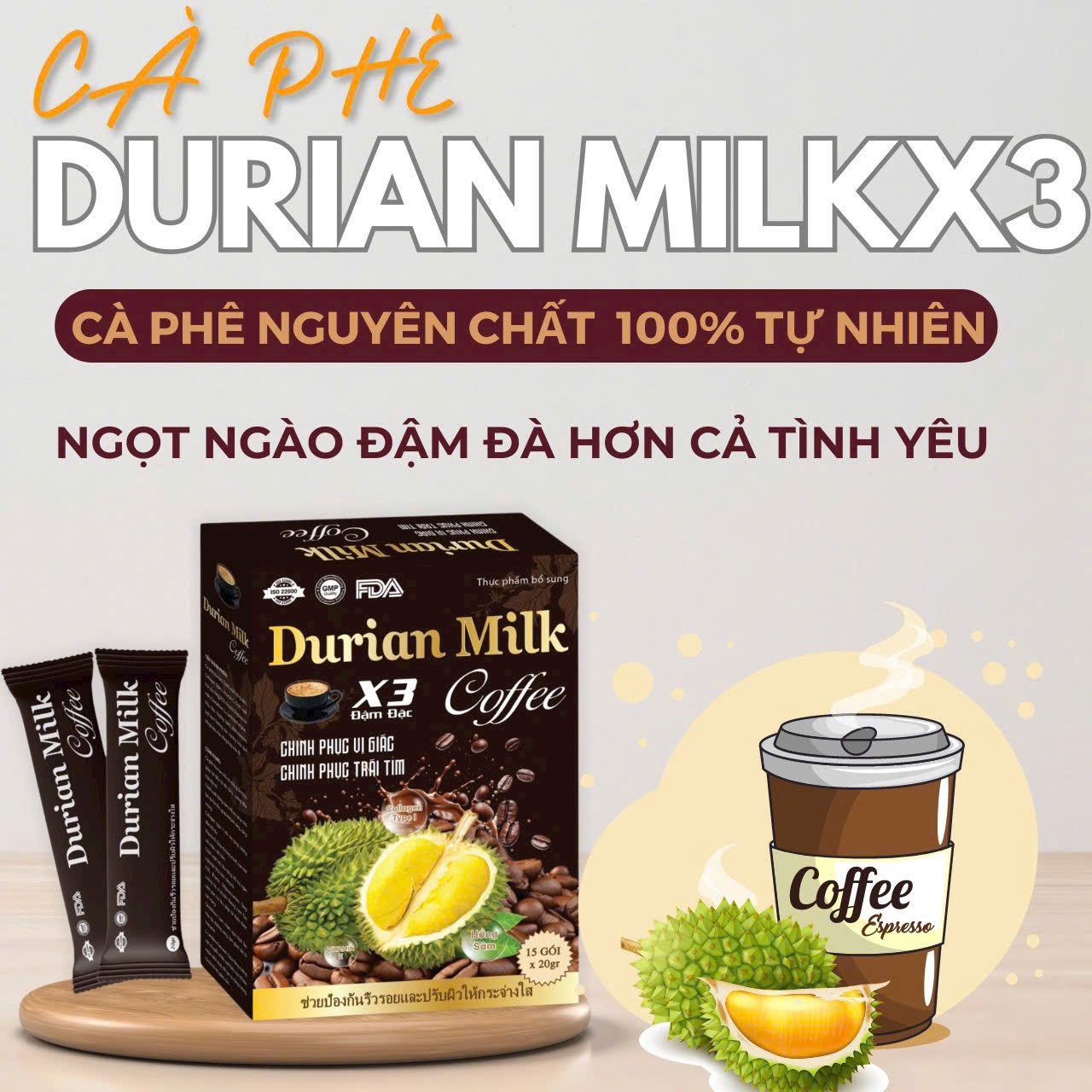 Cà phê sầu riêng hộp 15 gói x 20 g - cafe vị sầu riêng mẫu mới