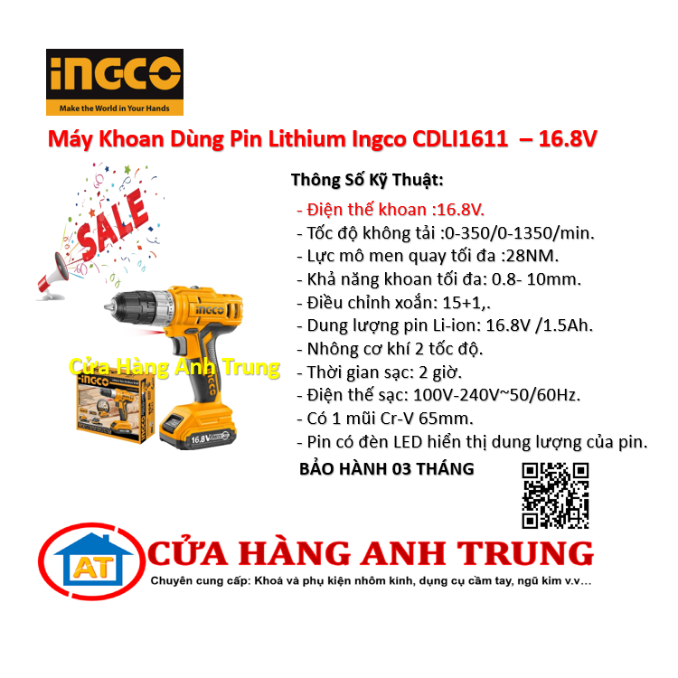 Máy Khoan Dùng Pin Lithium Ingco CDLI1611 - 16.8V