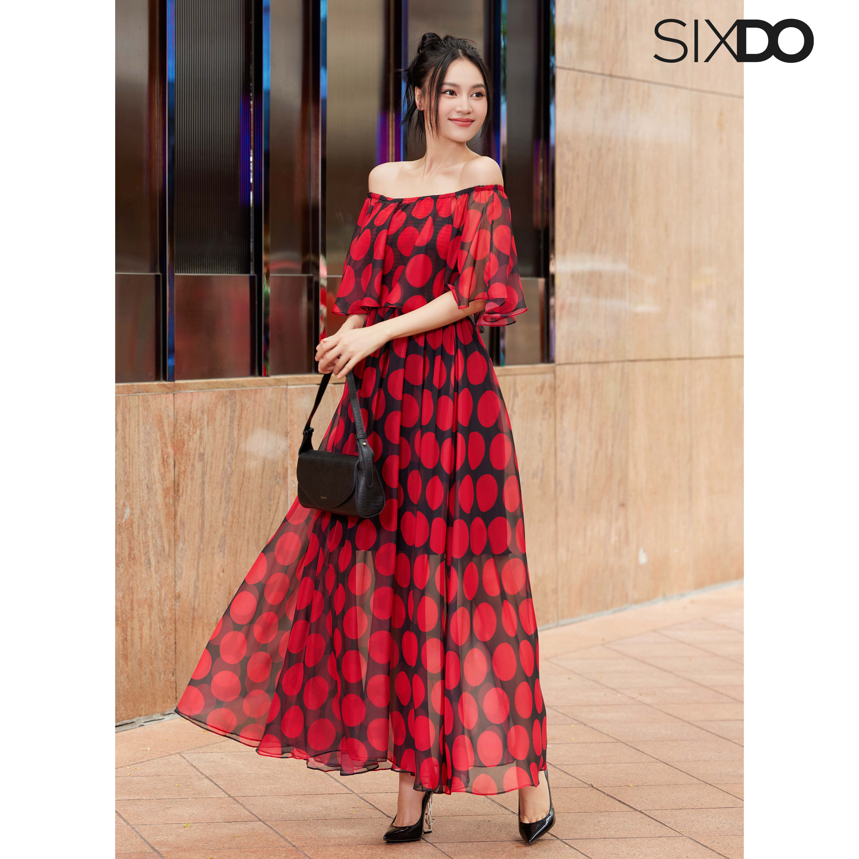 Đầm voan chấm bi trễ vai SIXDO (Black Polka Dots Midi Voile Dress)