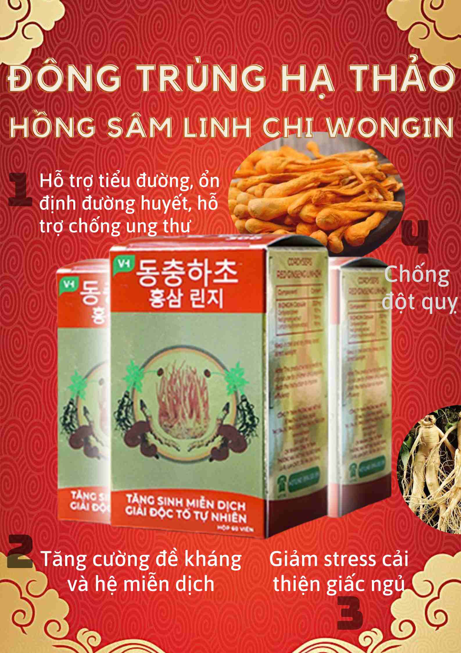 Đông trùng hạ thảo Hồng sâm Linh chi WONGIN PLUS (MẪU MỚI THÊM TINH CHẤT ĐÔNG TRÙNG HẠ THẢO)