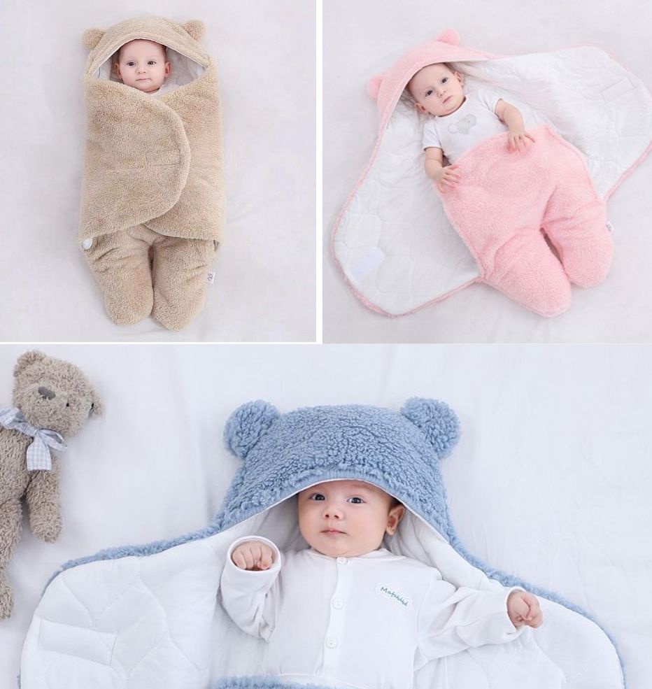Túi ngủ mùa đông, Chăn ủ sơ sinh hình gấu, lông cừu mịn có chân cho bé