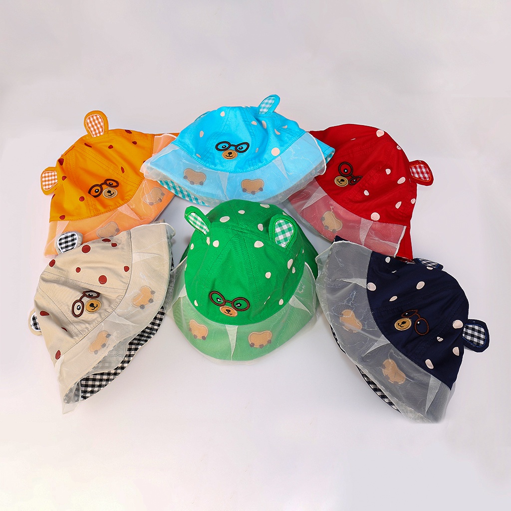 Mũ nón vành Bucket kaki kèm khăn voan cho bé 6-18 tháng