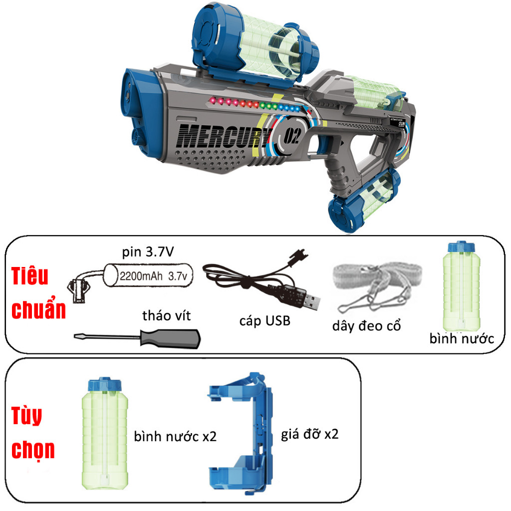 Đồ chơi cho bé súng nước tự động pin sạc, súng bắn nước đồ chơi trẻ em kèm đèn led vui nhộn