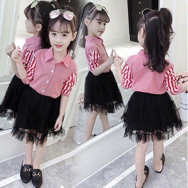 áo sơ mi kẻ dài tay bé gái