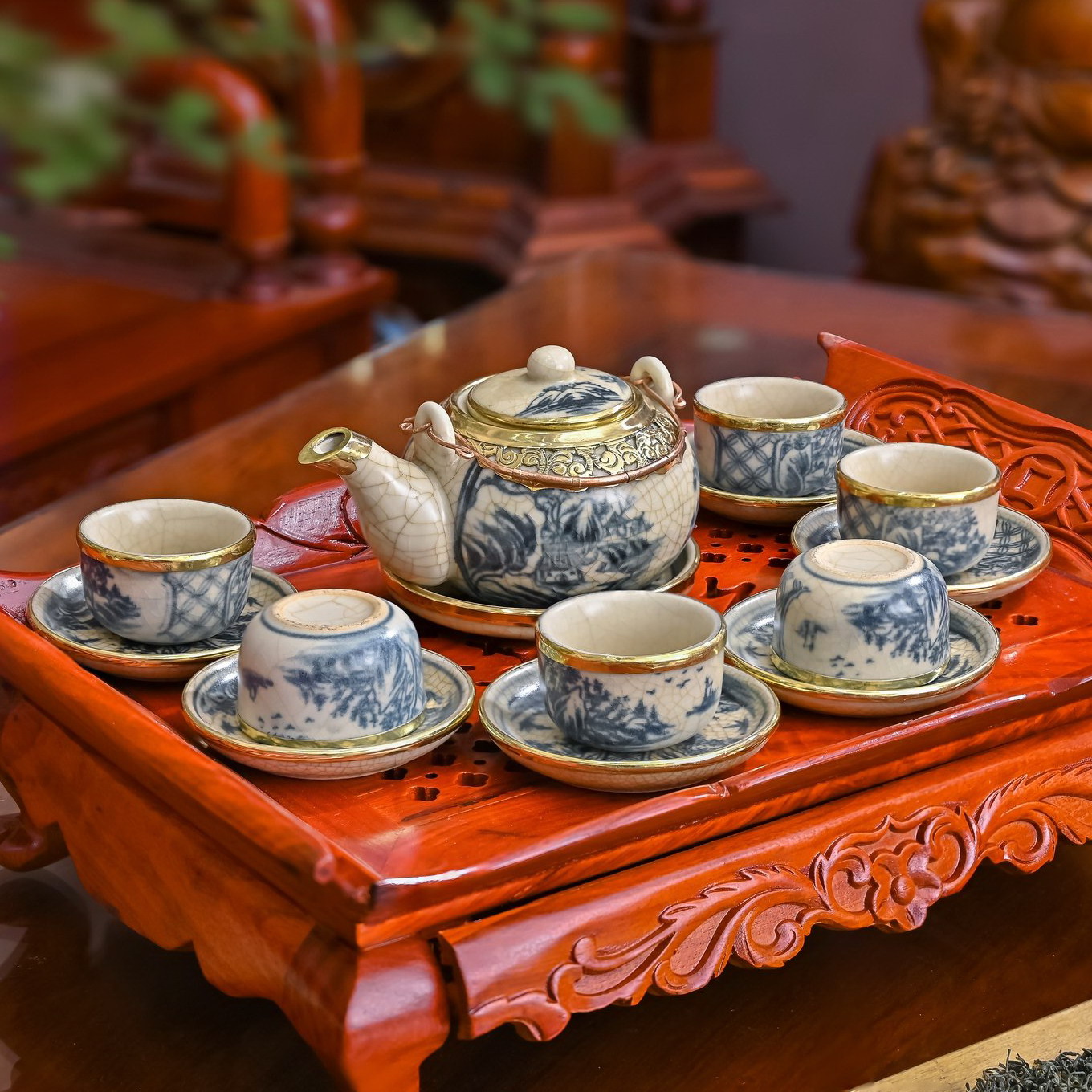 Bộ trà 13 món, men rạn Bát Tràng, bọc đồng