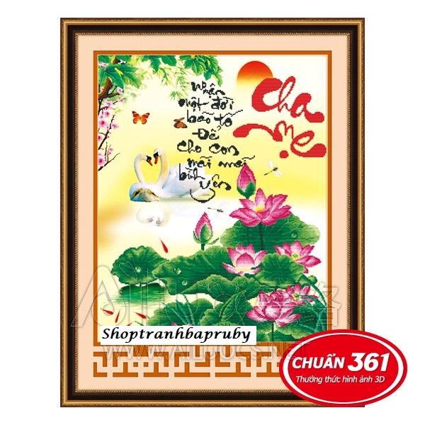 Tranh thêu Cha Mẹ  hoa sen 53337 kích thước 63 x 76 cm