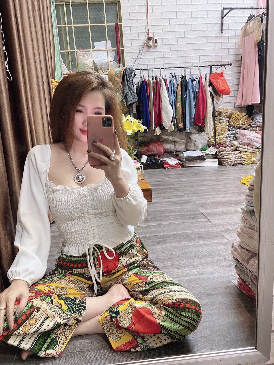 Sét áo tay dài rút kèm quần thổ cẩm-THH