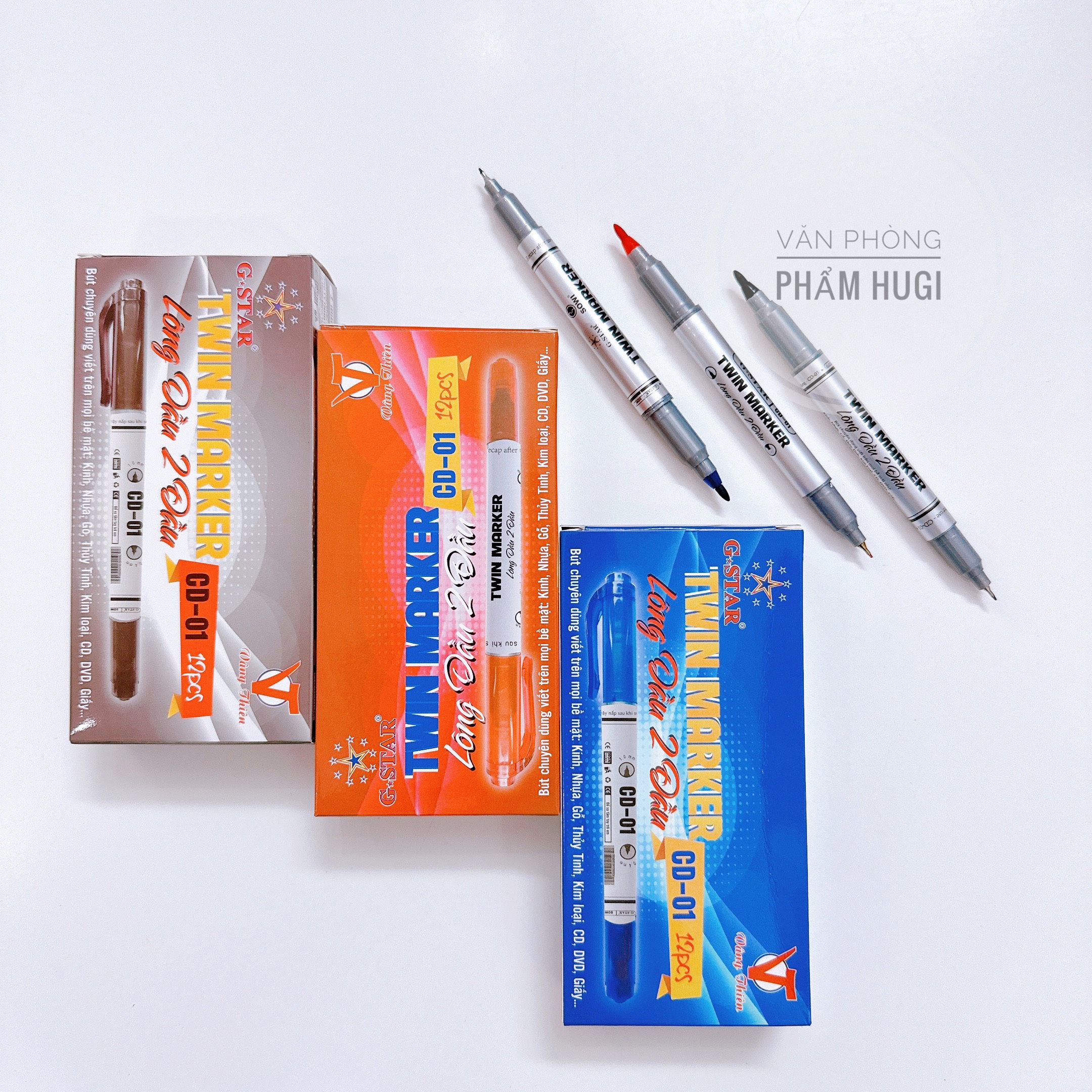 SET 2 Cây Bút Lông Dầu Kim 2 Đầu Gstar CD-01 (Xanh ,Đỏ, Đen)