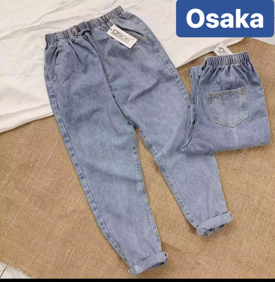 QUẦN BAGGY JEAN NỮ CHẤT BÒ XANH LƯNG THUN CẠP CHUN TRƠN LƯNG CAO NÂNG MÔNG TREND OK-330 OSAKA FASHION
