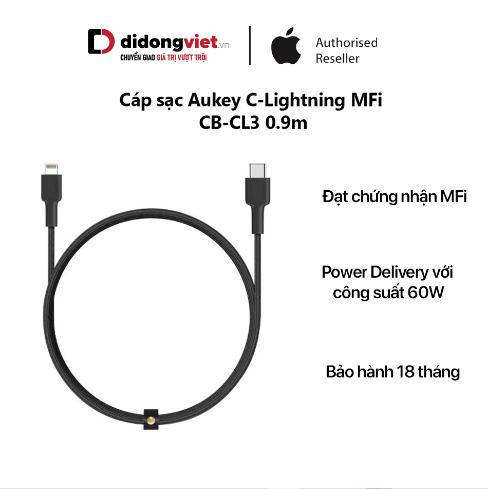 Cáp sạc aukey c to lightning cb-cl3 0.9m - đạt chứng nhận mfi, power delivery với công suất 60w, bảo hành 18 tháng