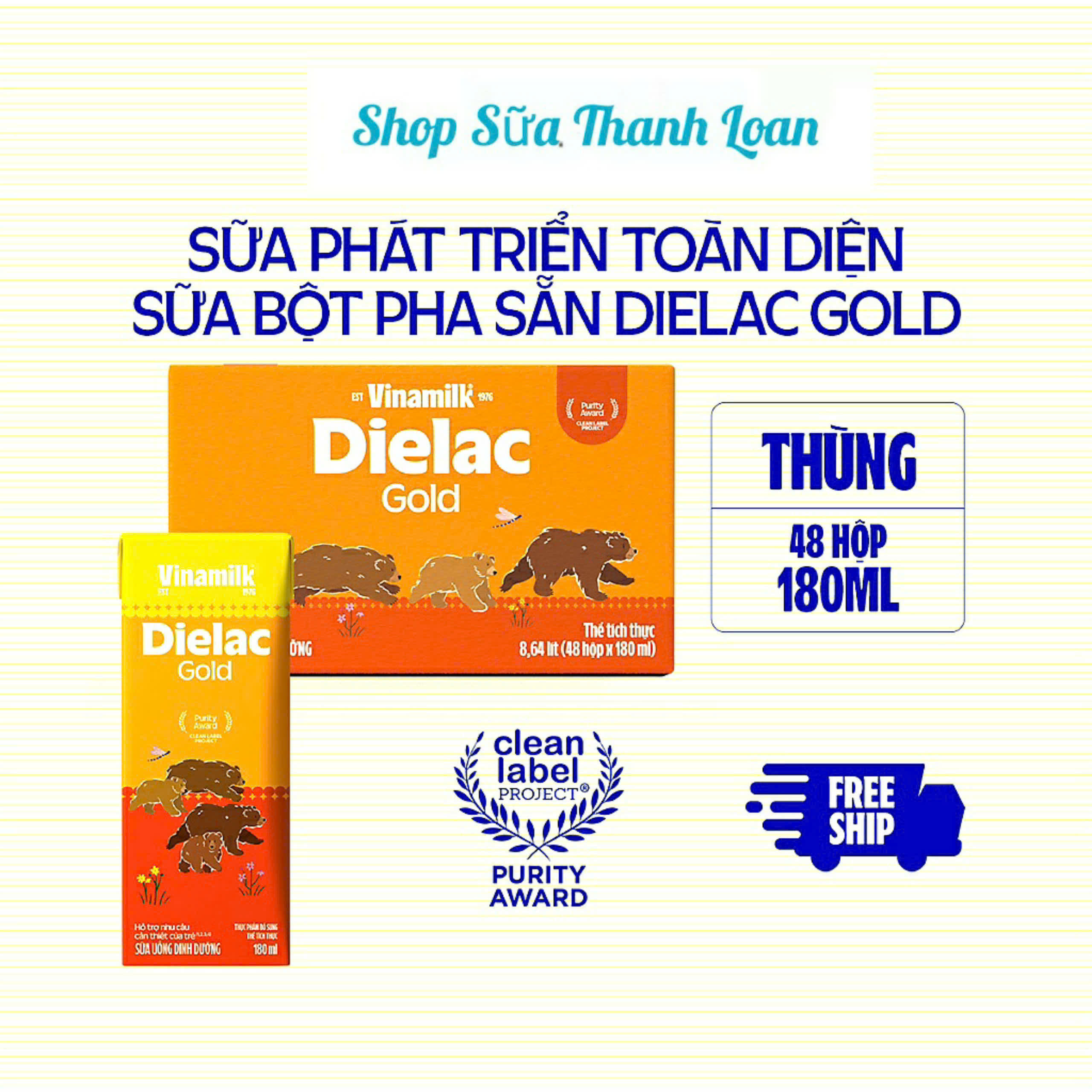 (Có Thẻ Tích Điểm) Thùng 48 Hộp Sữa Bột Pha Sẵn Vinamilk Dielac Gold 180ml.