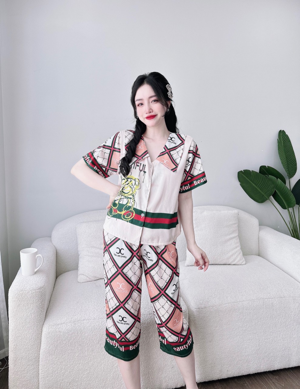 Bộ lụa tơ tằm xước mềm mịn phối cổ tiểu thư dễ thương