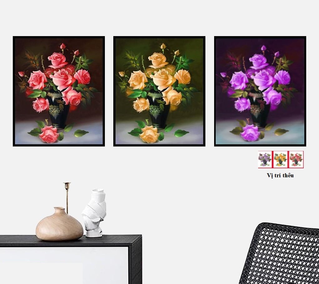 Tranh thêu bộ 3 bình hoa hồng tím DT8453 KÍCH THƯỚC 146x50cm