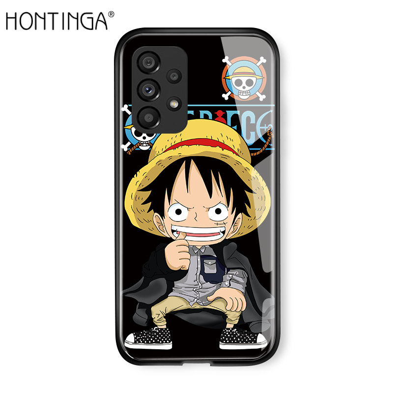 Hontinga Casing Case For Samsung Galaxy A53 5G Case Luxury Soft Edge Anime Casing Luffy Glossy Casing Tempered Glass Phone Case Shockproof Back Cover Casing Hard Case For Boys For Girls