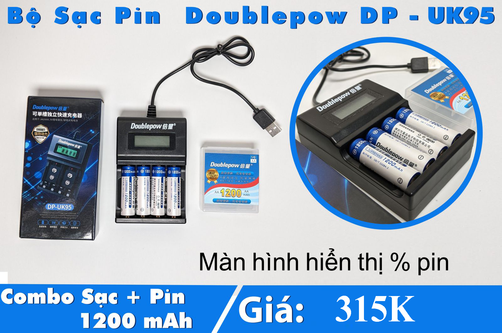 ( TẶNG KÈM 4 PIN ) Bộ sạc pin AA tự ngắt, Combo bộ sạc UK95 + 4 pin 1200mAh Doublepow cao cấp, Màn Hình LCD báo sạc khi đầy, Khả năng sạc: Sạc được cho các pin AA, pin AAA, pin 9V, Điện áp sạc: 5v cổng usb