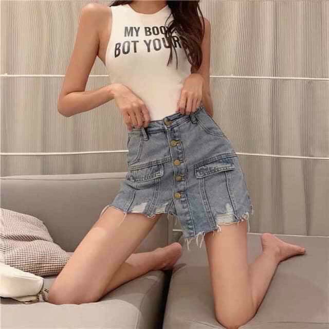 HOT CHÂN VÁY JEAN GIẢ VÁY HÀNG NÚT LỆCH TÀ XINH ĐẸP CHÂN VÁY KIỂU THIẾT KẾ CHÂN VÁY NGẮN BODY