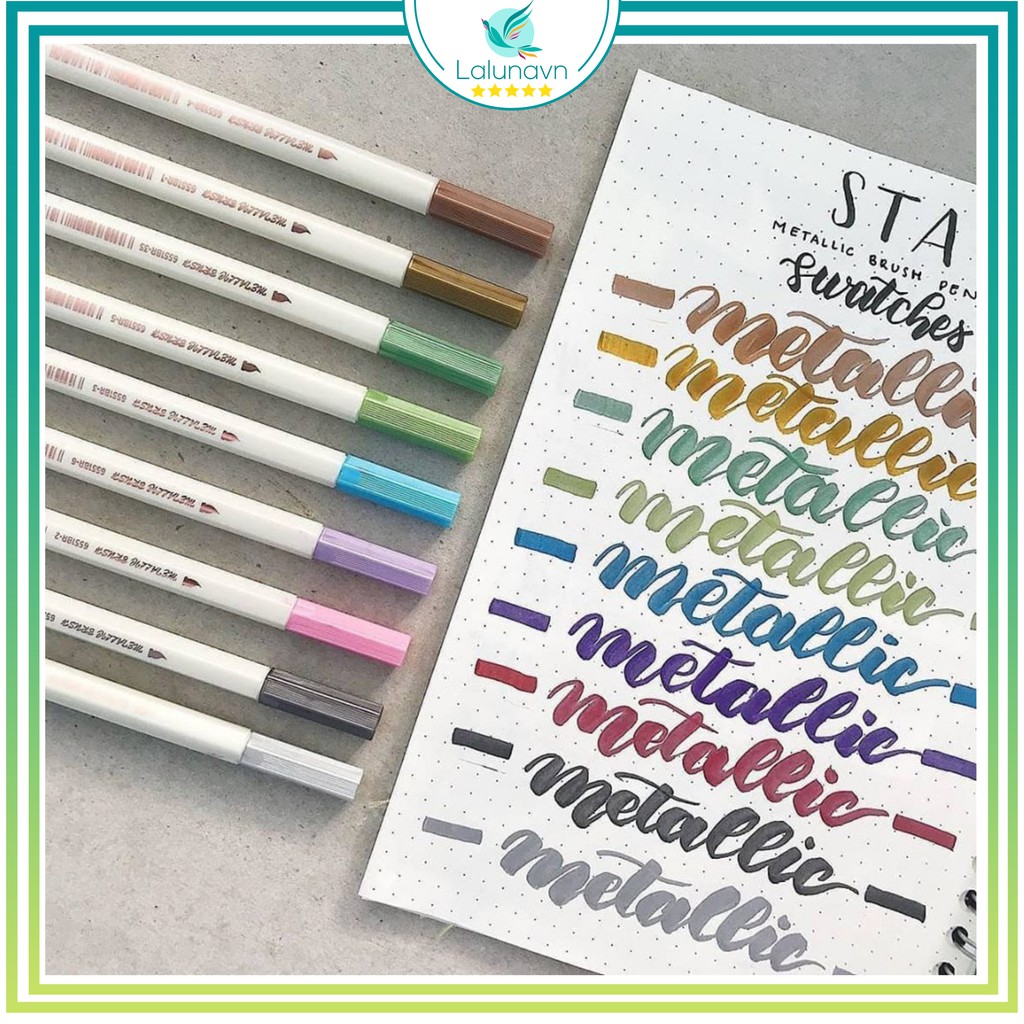 Lalunavn Bút lông mềm 10 màu sắc đầu Brush có nhũ STA Metallic Marker Pen