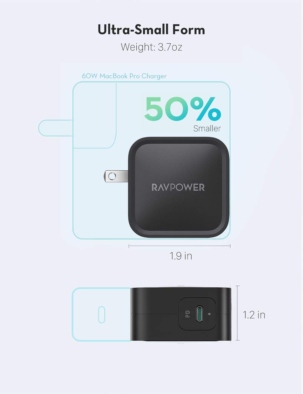 Củ Sạc Ravpower RP-PC112 - 1cổng Usb-c 61W PD 3.0 - Công Nghệ GaN