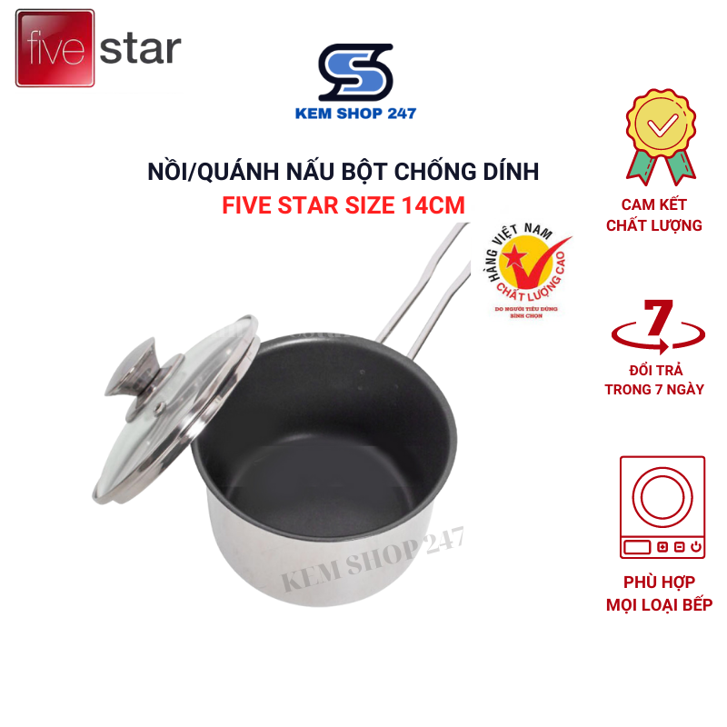 Nồi/quánh chống dính nấu bột cho bé Inox bếp Từ Fivestar nắp kính loại 14cm
