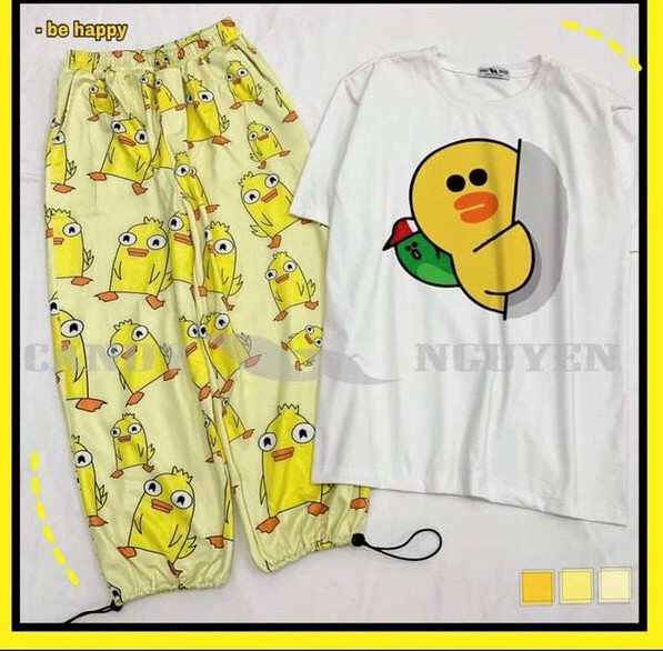 Sét Bộ Hoạt Hình Cartoon Vịt Vàng Con Dễ Thương + Quần Thun Ống Rộng Hot Trend Style Hàn Quốc , Vải Cotton Thoáng Mát , Đồ Bộ Hoạt Hình Dễ Thương , Nam Nữ Đều Mặc Được TTSLB0167