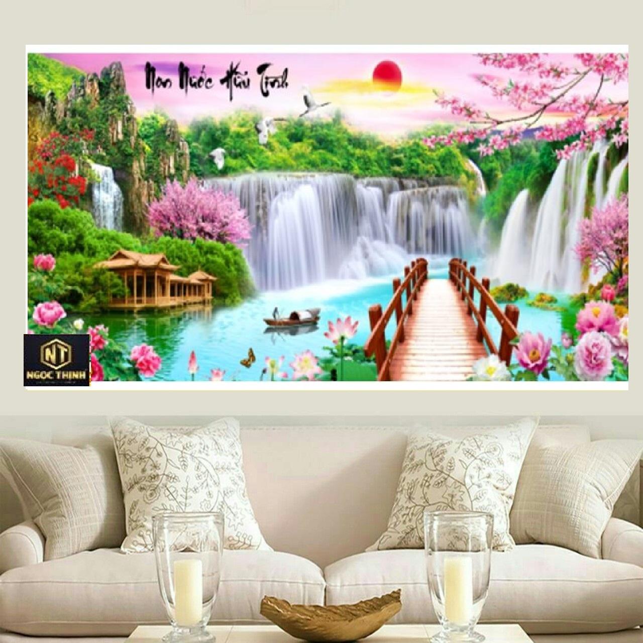 Tranh đính đá mẫu mới non nước hữu tình-kt: 120x55