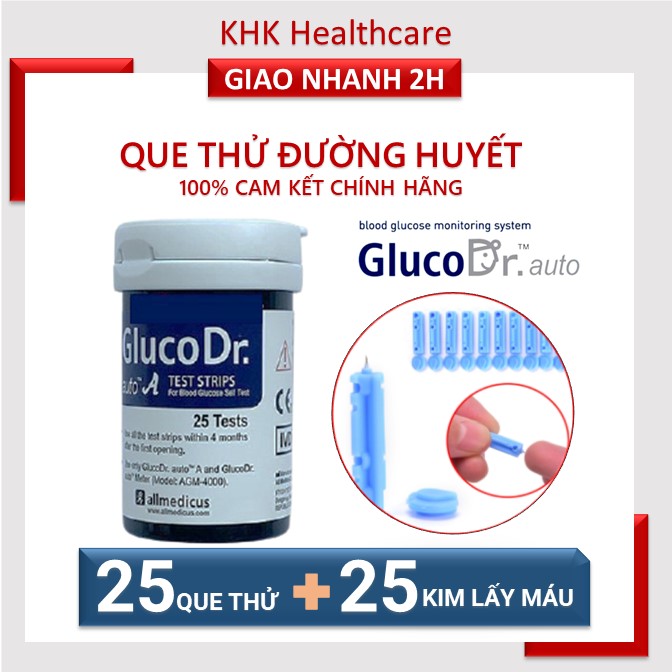25 Que Thử Đường Huyết Gluco Dr Auto Agm-4000 xuất xứ Hàn Quốc kèm 25 kim lấy máu - KHK Healthcare Cam kết chính hãng
