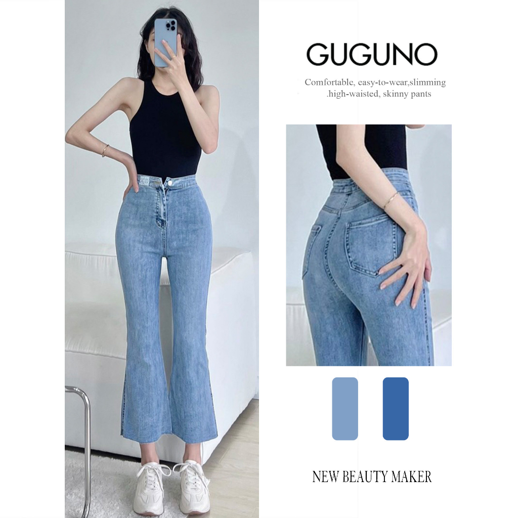 Quần jeans nữ ống loe cạp cao GUGUNO