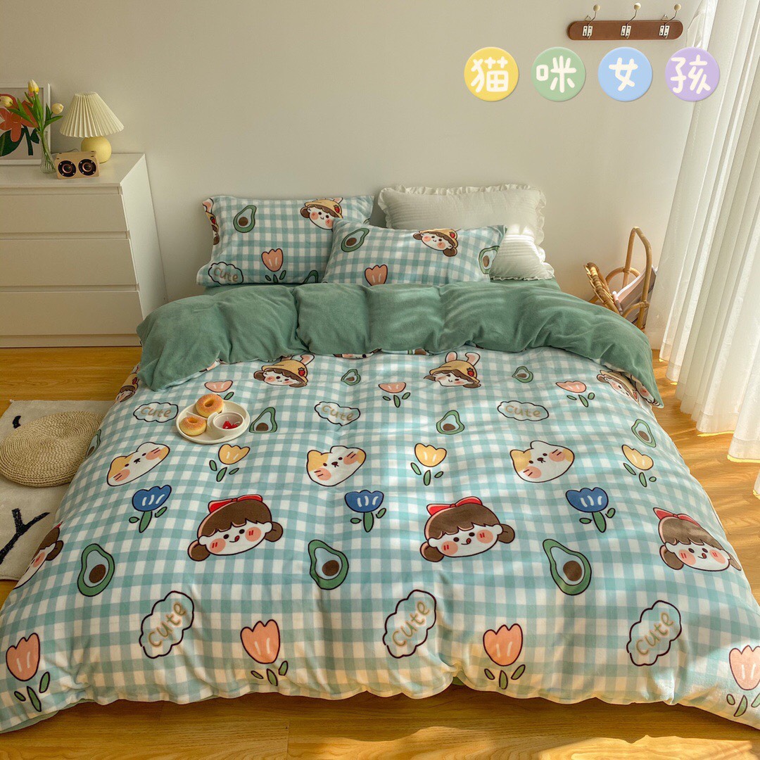 Trọn Bộ 4 Món Cotton Poly Nhập Mẫu BÉ GÁI BƠ XANH cực cute , đáng yêu cho bé gái/ bạn gái