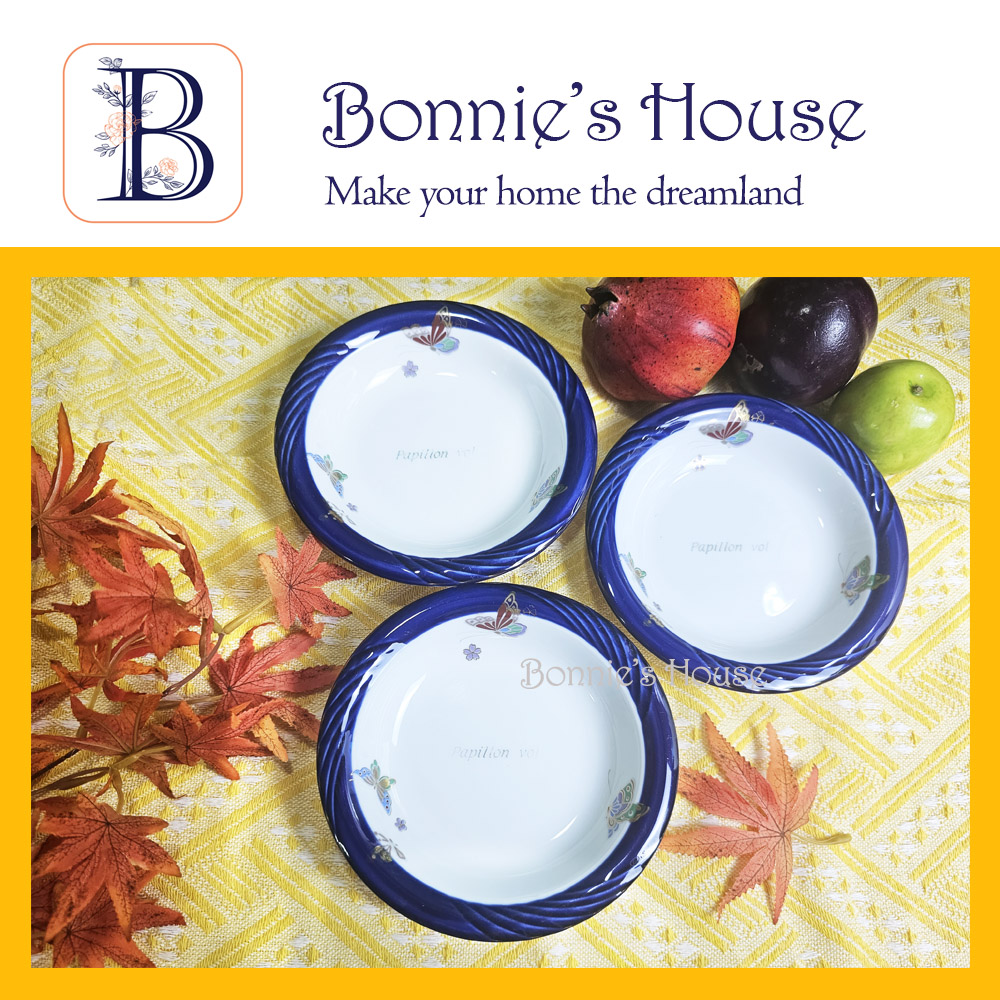 Premium porcelain light deep plate with cobal color edging and gilding butterfly.