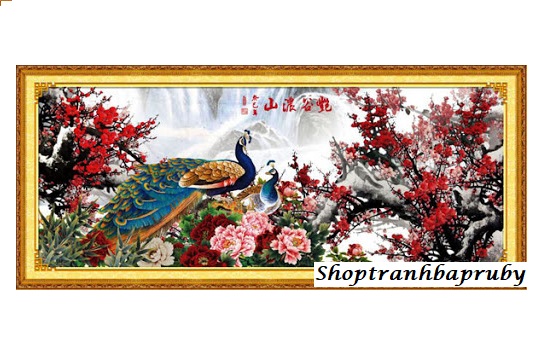 Tranh thêu cành đào đôi công a304 kích thước 173 x 74 cm