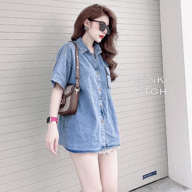 Áo sơ mi bò trơn cộc tay form rộng