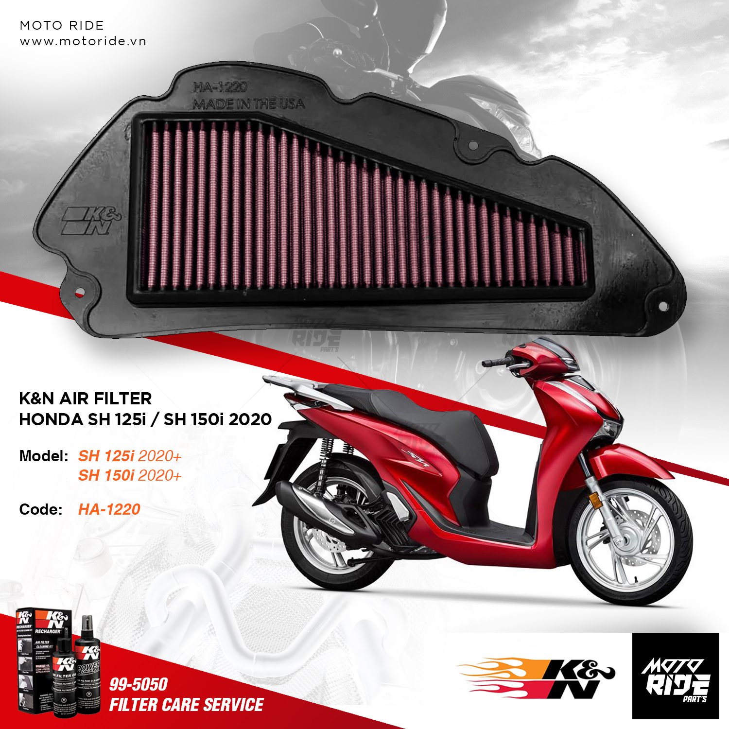 K&n ha-1220 lọc gió cho honda sh125i / sh150i / sh160i 2020+