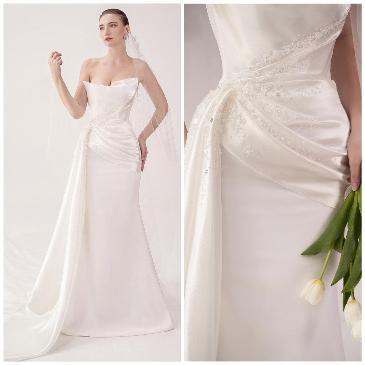 Đầm maxi body mặc cưới tripble t dress đính hạt cườm phối tà sang trọng - size s/m/l - ms37y