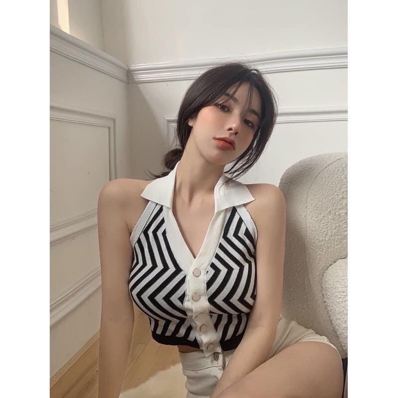 Áo yếm cổ bẻ croptop sexy (Đen, Xanh và Tím)