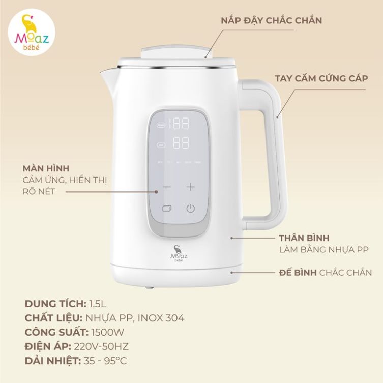 (MB070) Bình đun nước siêu tốc giữ nhiệt 1.5L Moaz BéBé MB - 070 MGG