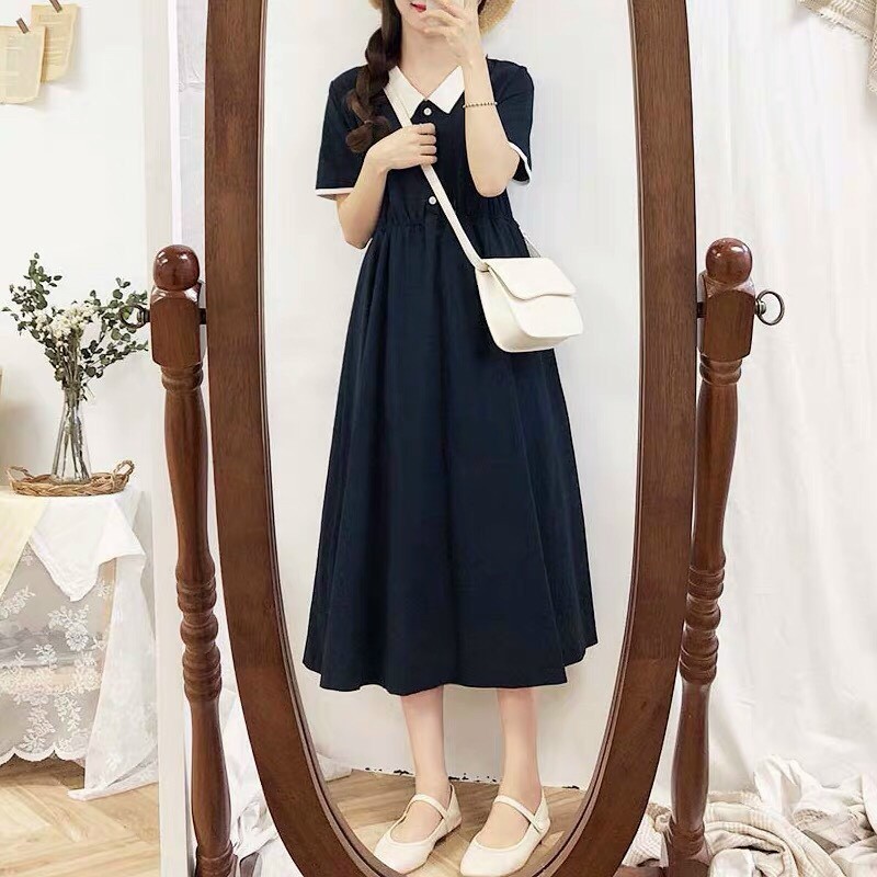 đầm dài suông phối nút cổ bẻ ngắn tay DUTIEC2