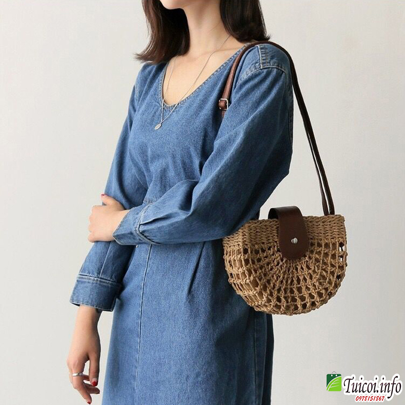 túi cói túi đeo chéo nữ nắp da
