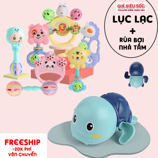 Đồ chơi nhà tắm - Chuông lục lạc cầm tay 7 món kèm rùa bơi nhà tắm vui nhộn - Trống lục lạc nhiều món hình các nhân vật hoạt hình, lục lạc gõ cho bé chất liệu an toàn tuyệt đối không độc hại dành cho cả bé trai và bé gái - Guty