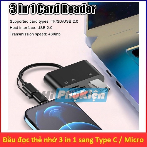 Đầu đọc thẻ nhớ 3 in 1 to OTG cổng Type C / cổng Micro
