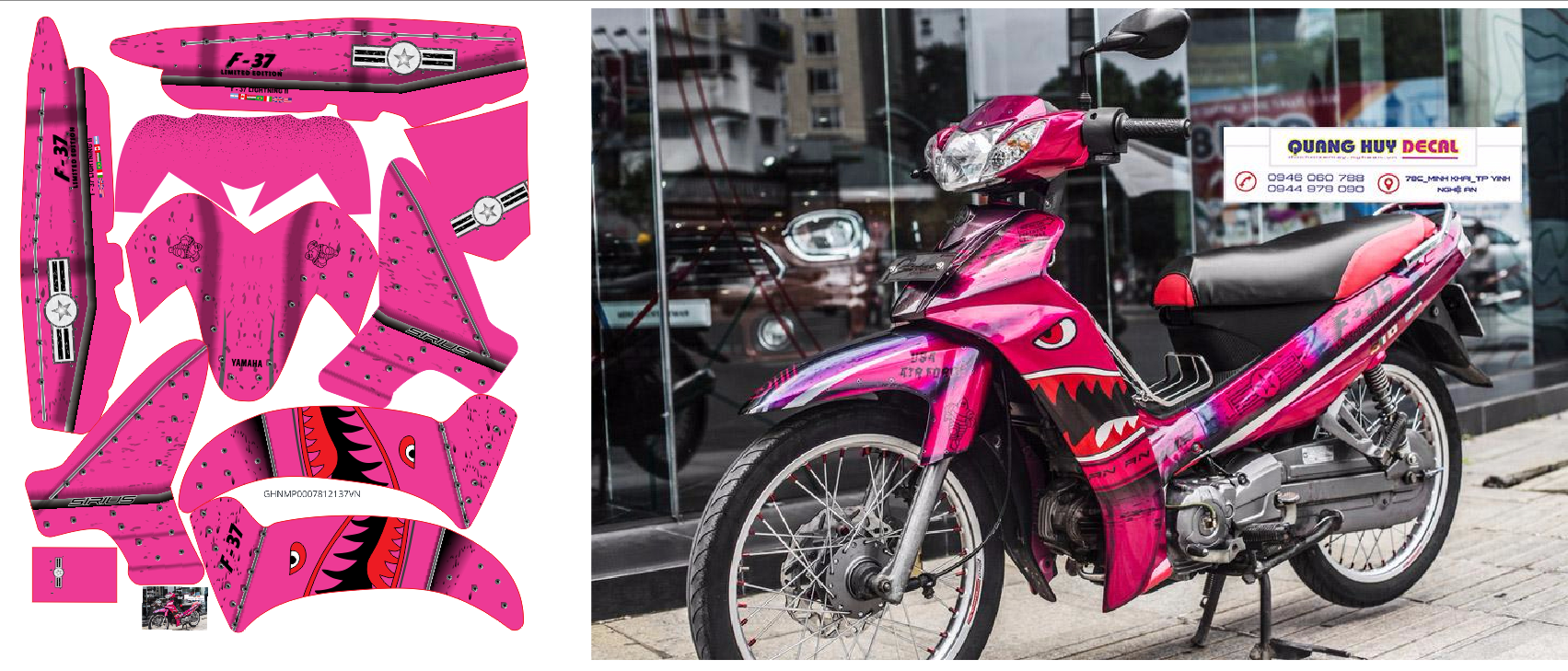 Tem trùm xe máy sirius Cá mập shank hồng tím - Độ tem xe máy sirius thiết kế theo yêu cầu - Chế tem trùm xe máy sirius rẻ đẹp