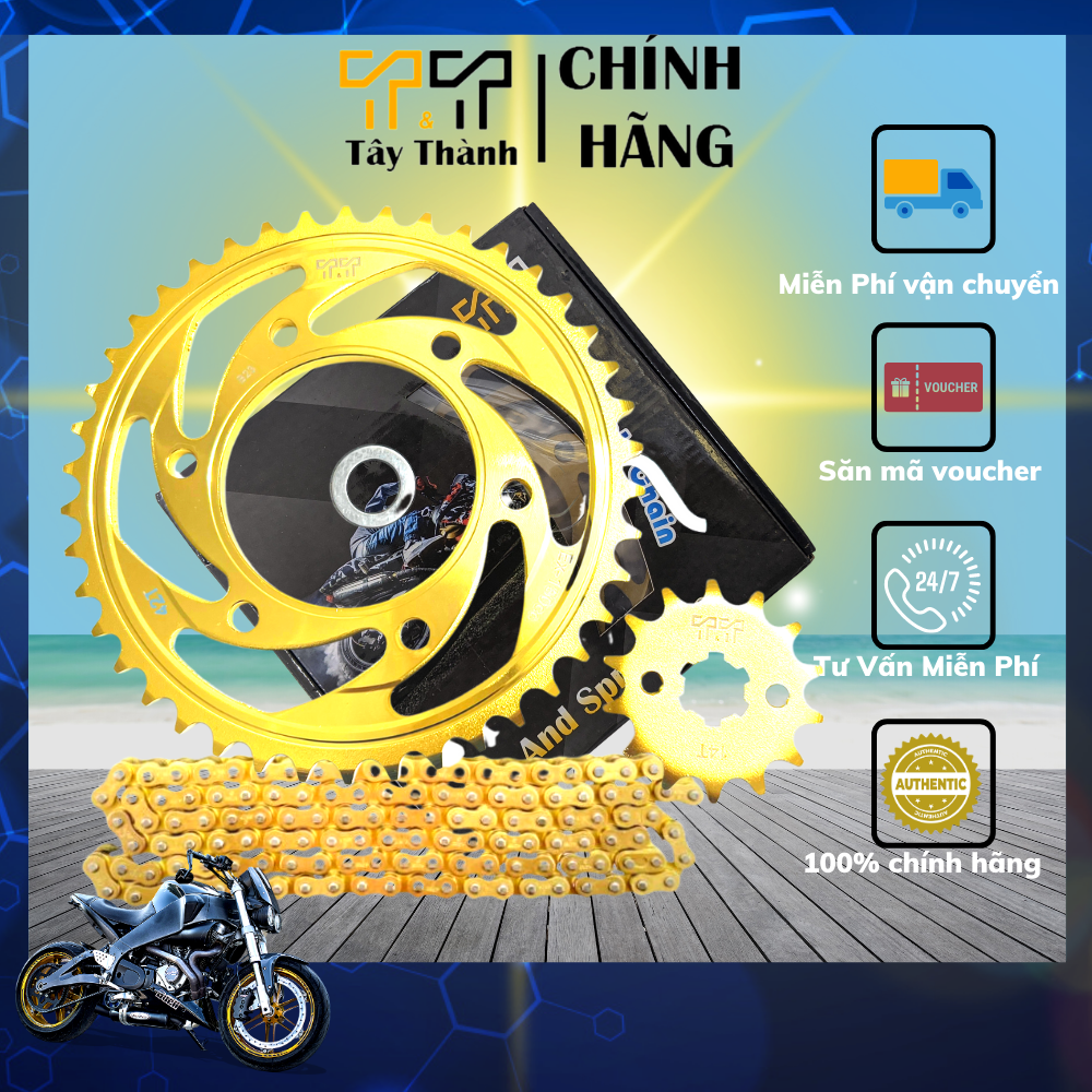 nhông sên dĩa - nhông sên dĩa exciter 150, màu vàng, thông số 42T-14T, chất liệu thép SCM, xuất xứ Thái Lan - T&T Tây Thành Shop chuyên nhông sên dĩa