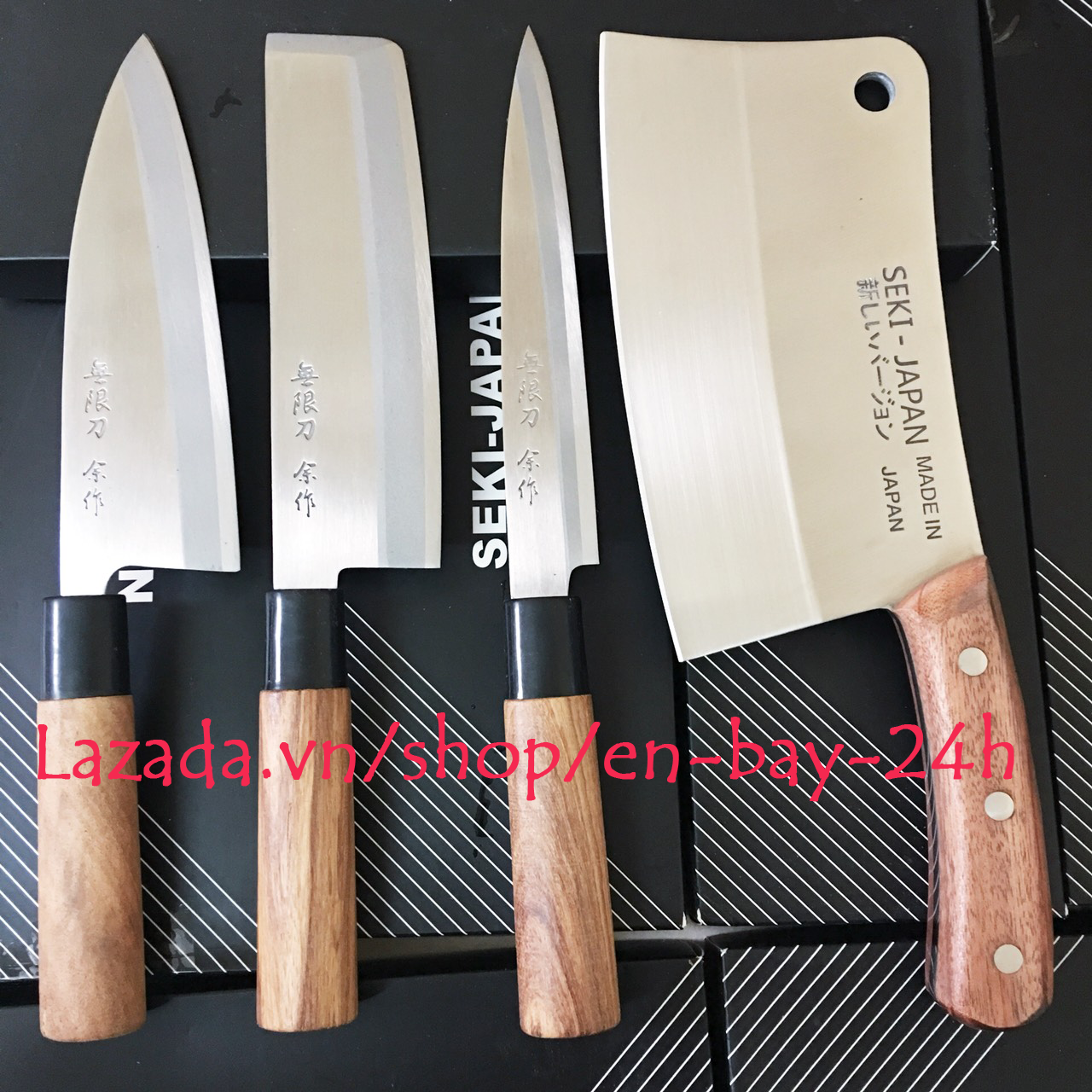 Bộ 4 Dao bếp cao cấp Chặt lớn Seki Nhật Bản, dao làm cá, dao thái, Cán gỗ, thép không gỉ, bền bỉ