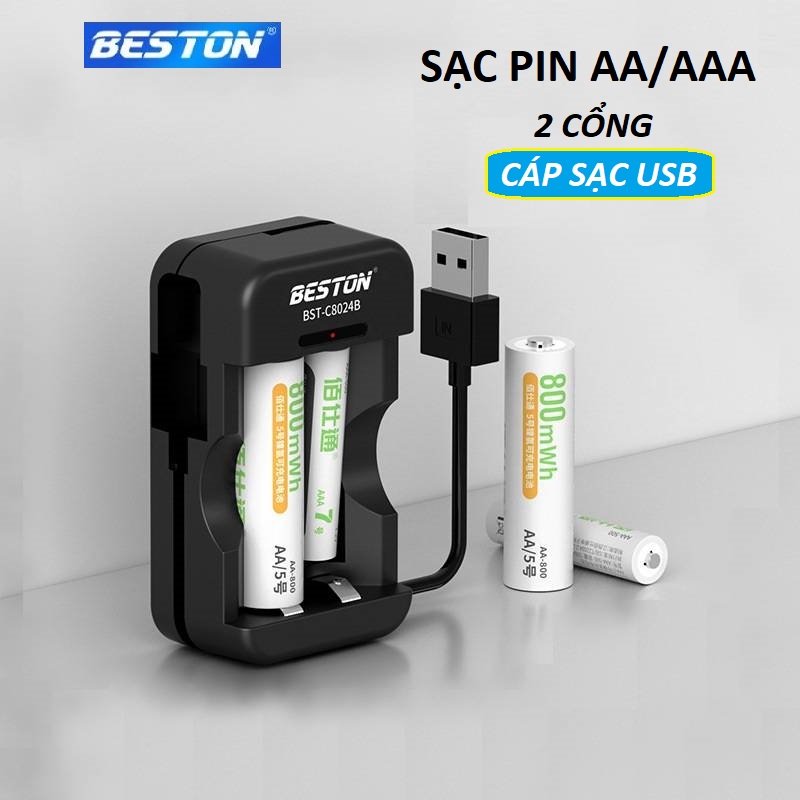 Bộ sạc pin AA AAA 2 cổng Beston C8024B dùng cho micro karaoke, đồ chơi