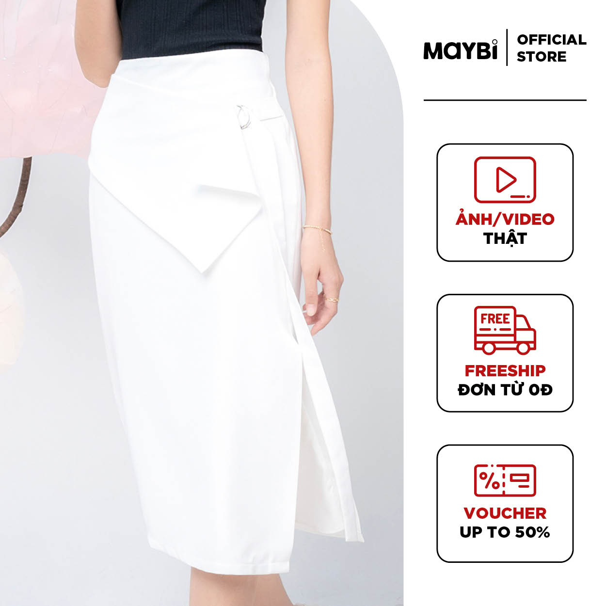 Chân váy midi cotton lạnh phối đắp tà Maybi