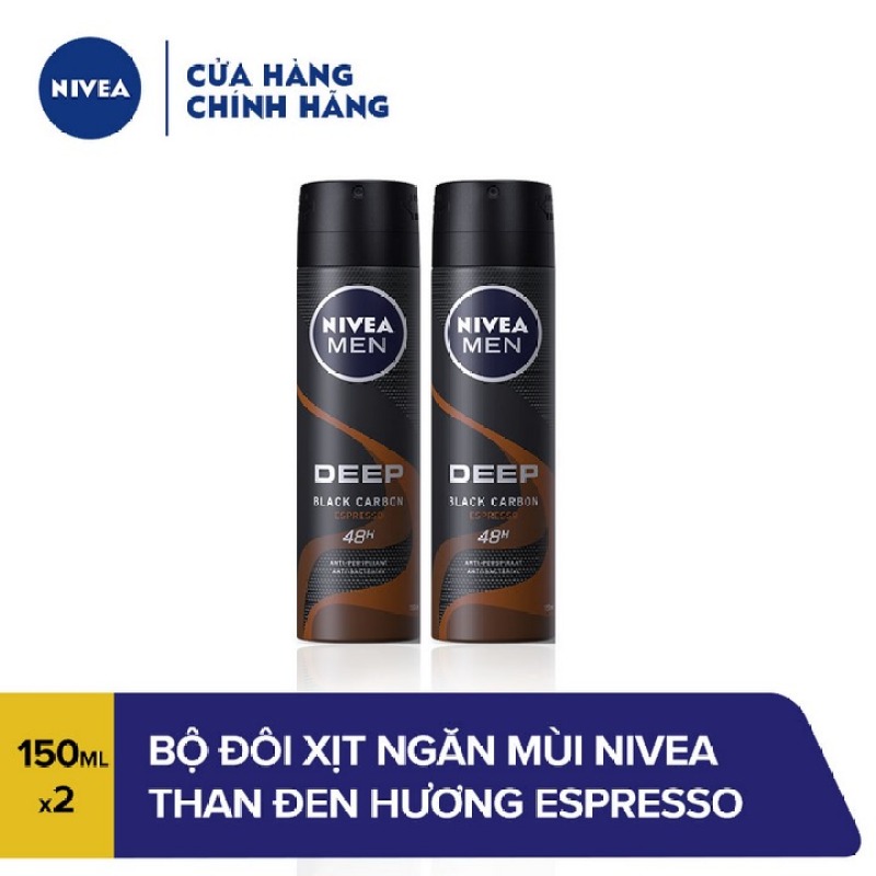 Bộ Đôi Xịt ngăn mùi Nivea Than Đen Hương Espresso 85367 (150MLx2) cao cấp