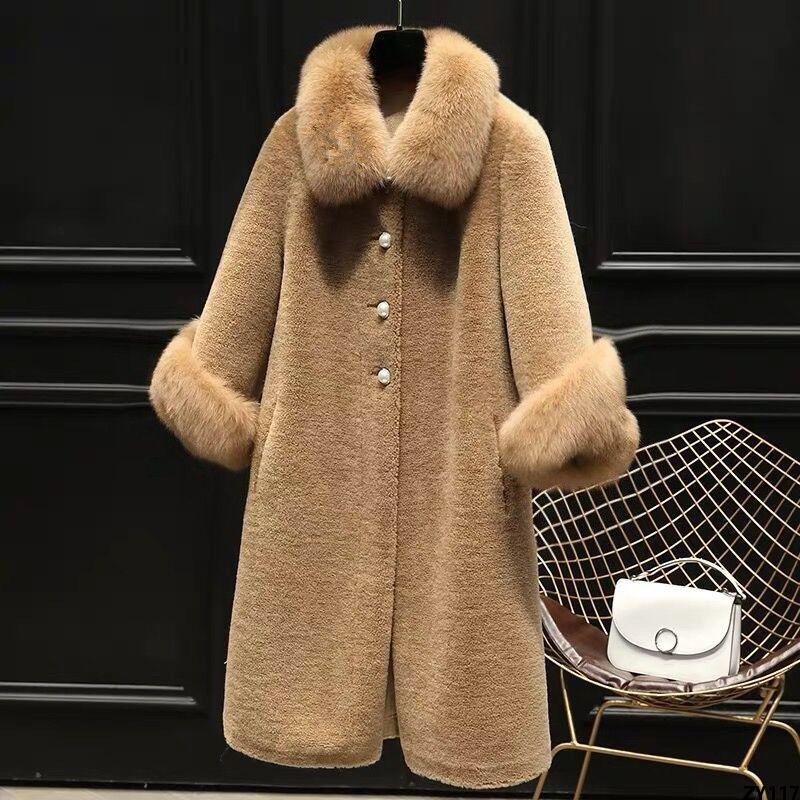 Áo khoác dài lông cừu cắt lông cừu nữ cổ lông giả da giả áo khoác cáo thu đông cỏ nhung rộng rãi mẫu mới giả hạt