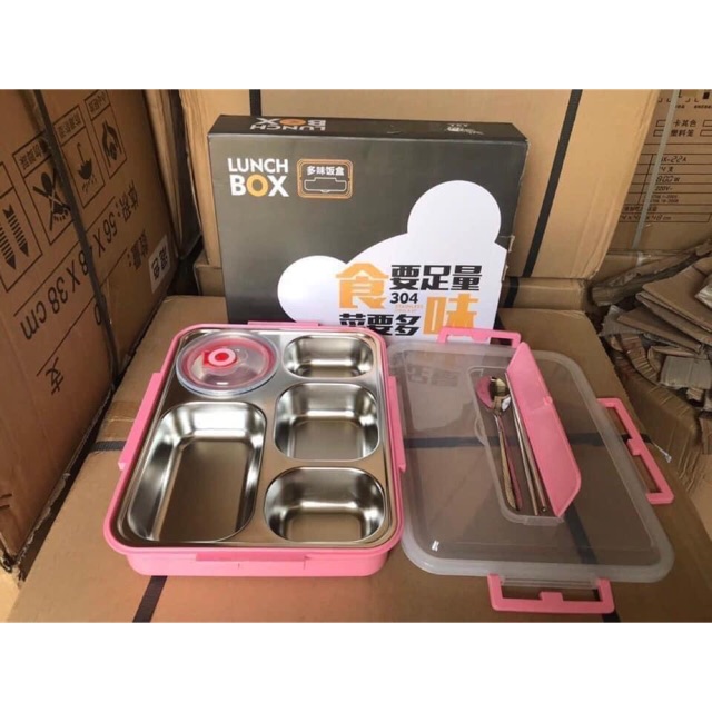 ⛔GIADUNGHOALONG⛔ Khay cơm 5 ngăn inox có nắp (TẶNG KÈM ĐŨA, THÌA - LOẠI INOX)