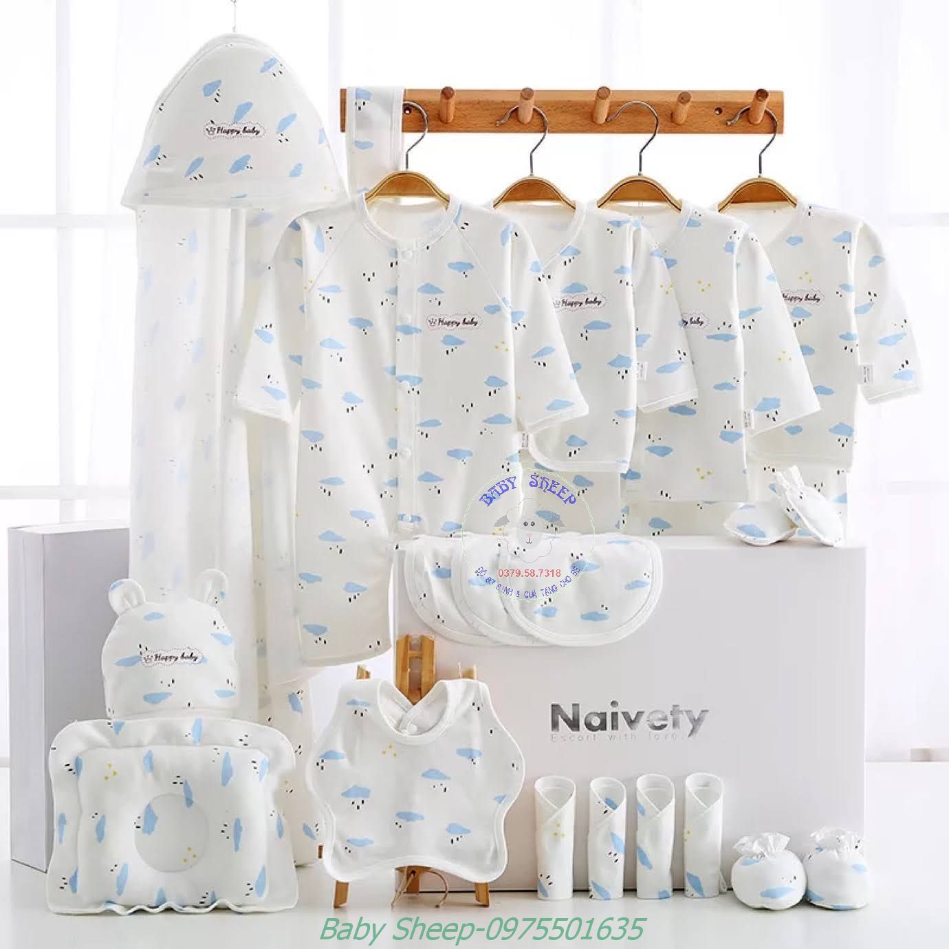 Set quà tặng sơ sinh 23 chi tiết họa tiết mây có túi xách hộp đựng quà sang chảnh (clip thật, ảnh thật)
