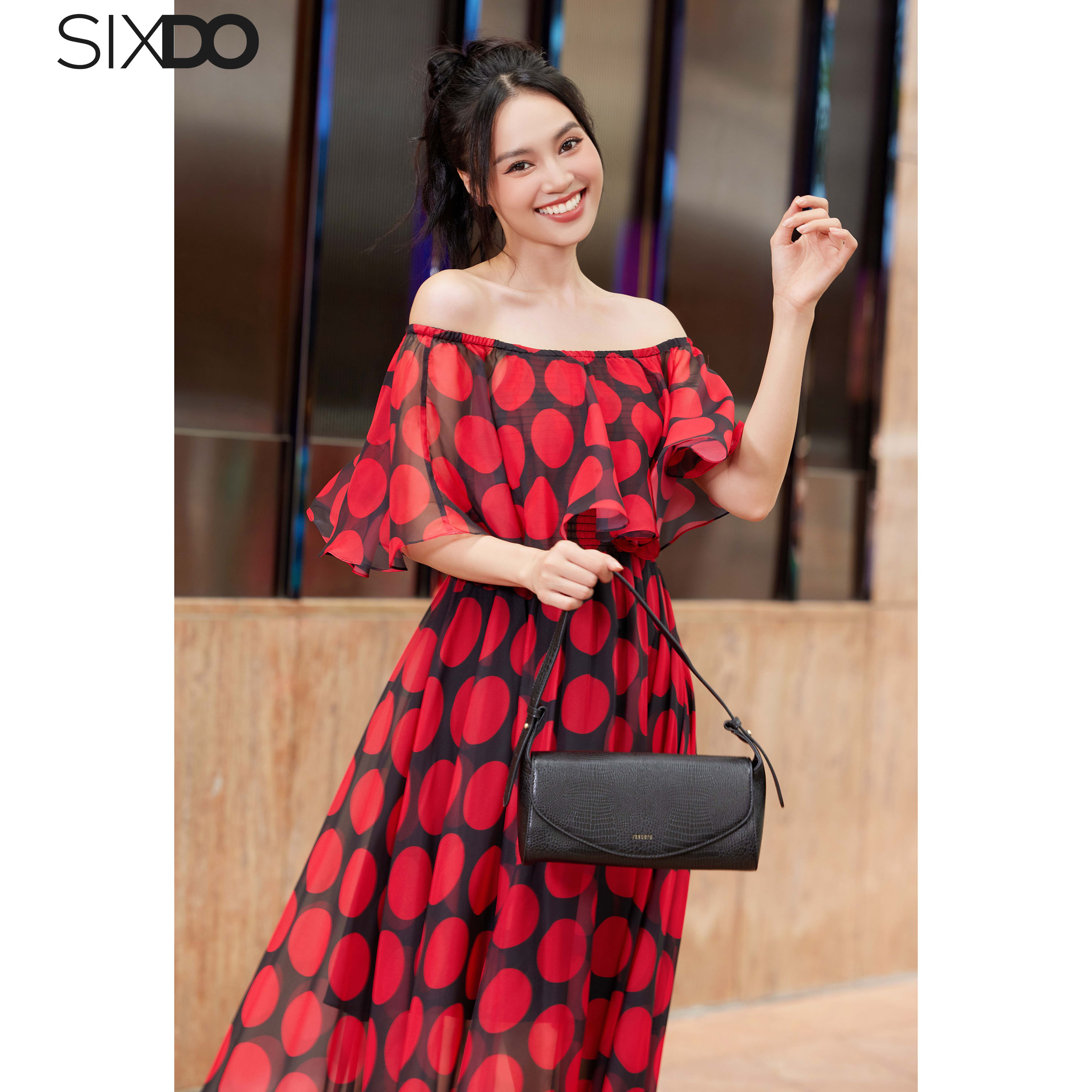Đầm voan chấm bi trễ vai SIXDO (Black Polka Dots Midi Voile Dress)