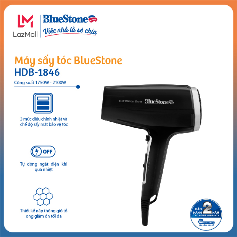 Máy sấy tóc BlueStone HDB-1846 - Thiết kế tay cầm có thể gấp gọn - Tự ngắt khi quá tải -  Công suất 2100W - 3 chế độ sấy nóng, 1 chế độ sấy mát - Có đầu sấy hẹp, sấy nhanh khô- Hàng chính hãng cao cấp
